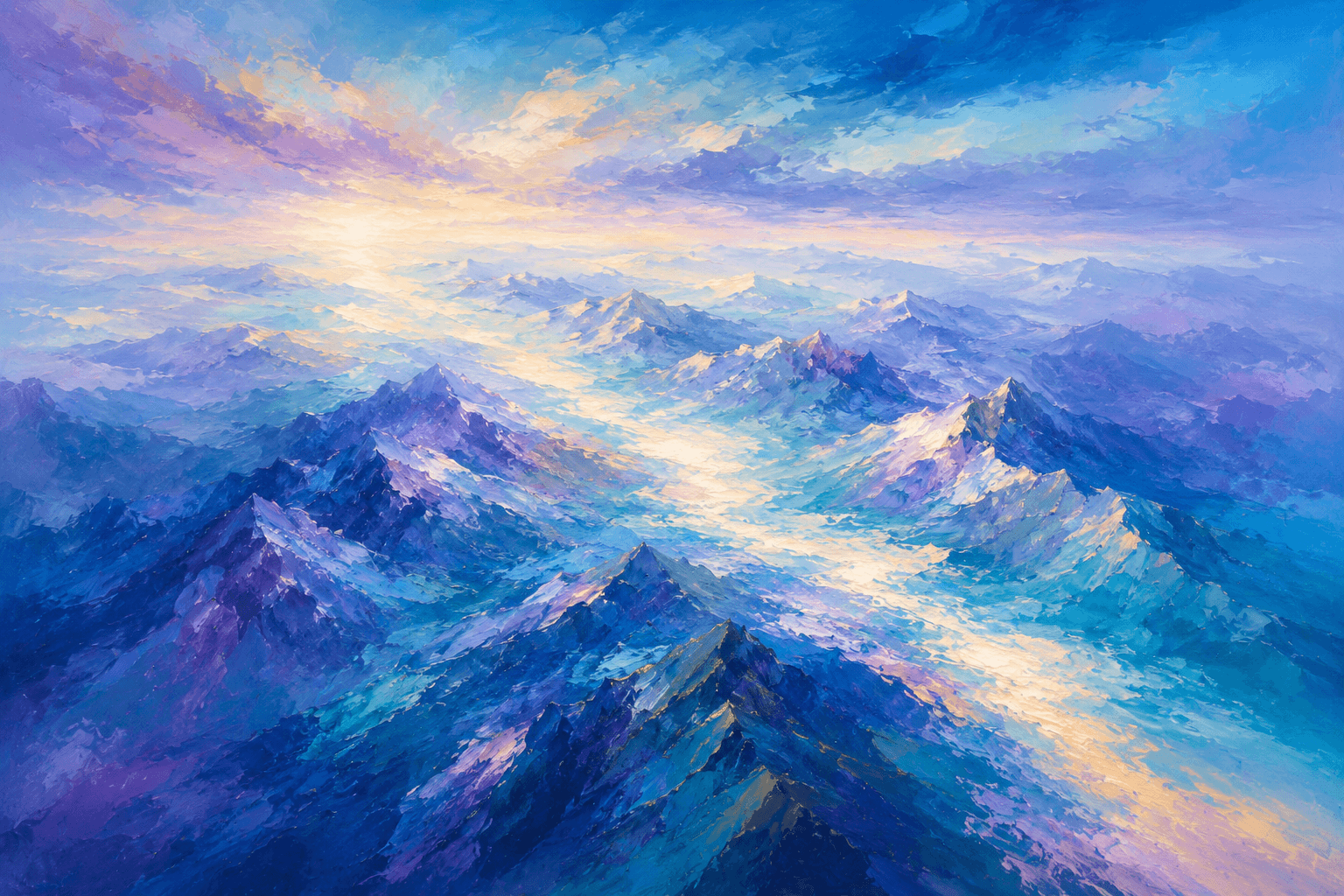 Abstract landscape painting with a winding path through colorful hills