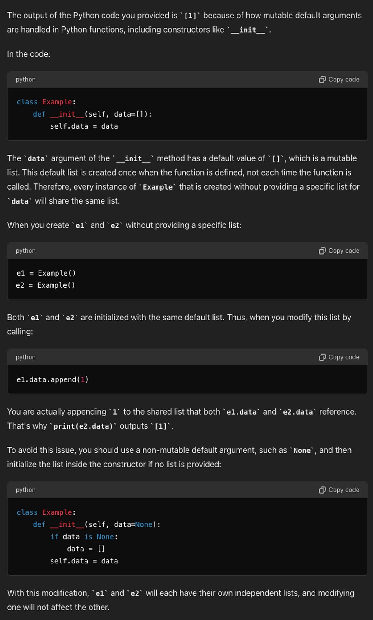 Screenshot of GPT-4 explaining why Python instances share a mutable default argument
