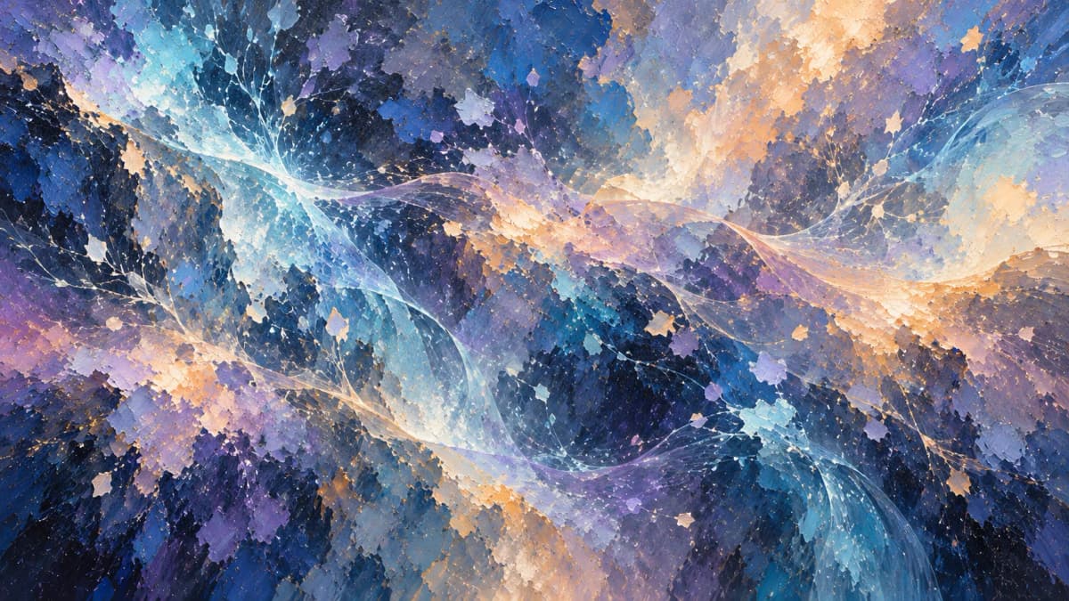 Abstract flowing color fields and luminous filaments in indigo, cyan, lavender, and gold