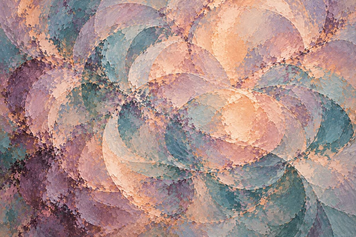 Layered abstract loops and color fields in lavender, teal, and peach